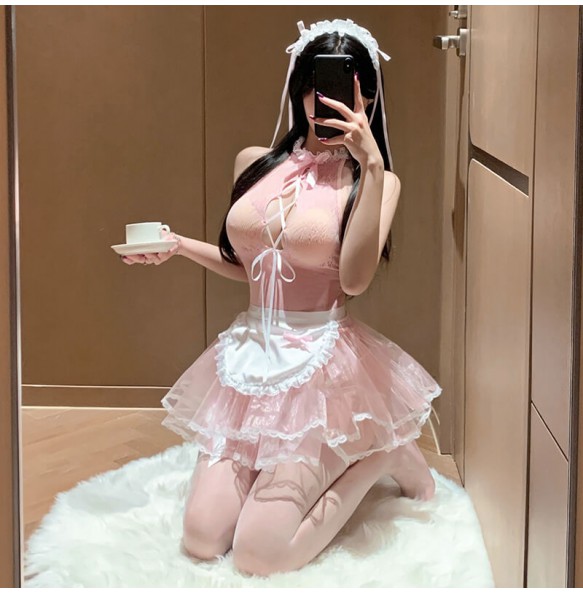 FEE ET MOI - Sheer Cleavage Intern Maid Outfit (Pink - White)